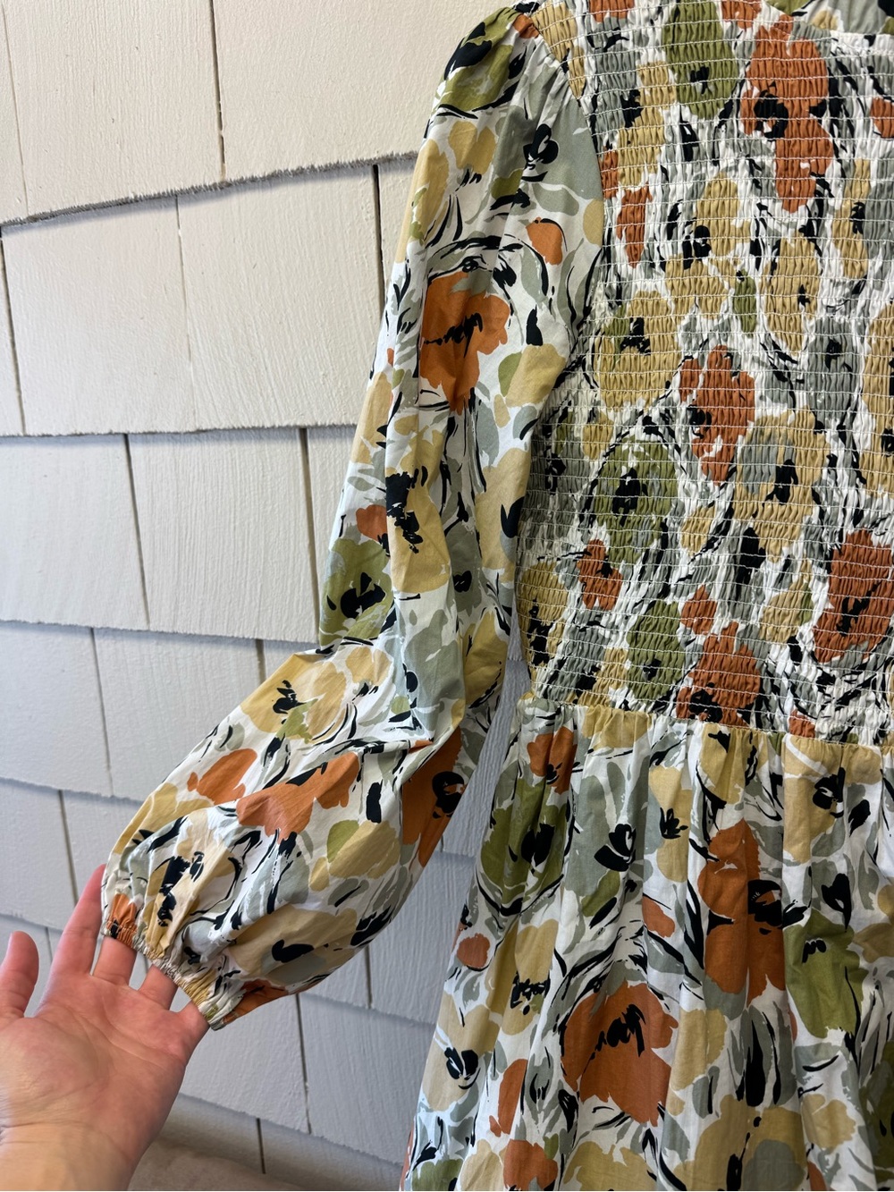Jessakae Floral Long Sleeve Mock Neck Smocked Bodice Midi Dress Size L Fall - Picture 4 of 7
